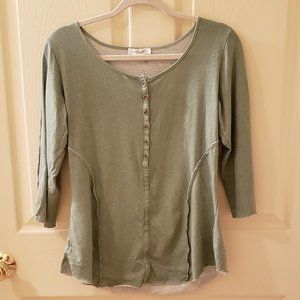 Simply Noelle 100% Cotton Raw Hem Green Button-Up Top (Small/Medium)